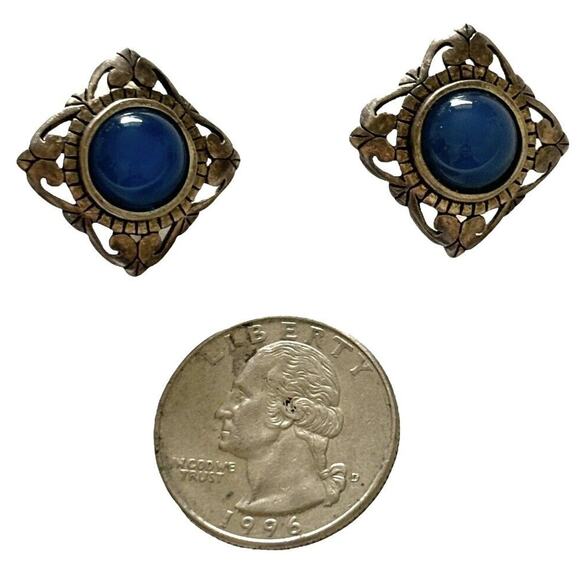 Jezlaine Square Blue Chalcedony Sterling Silver Post Stud Earrings Vintage - Picture 5 of 8